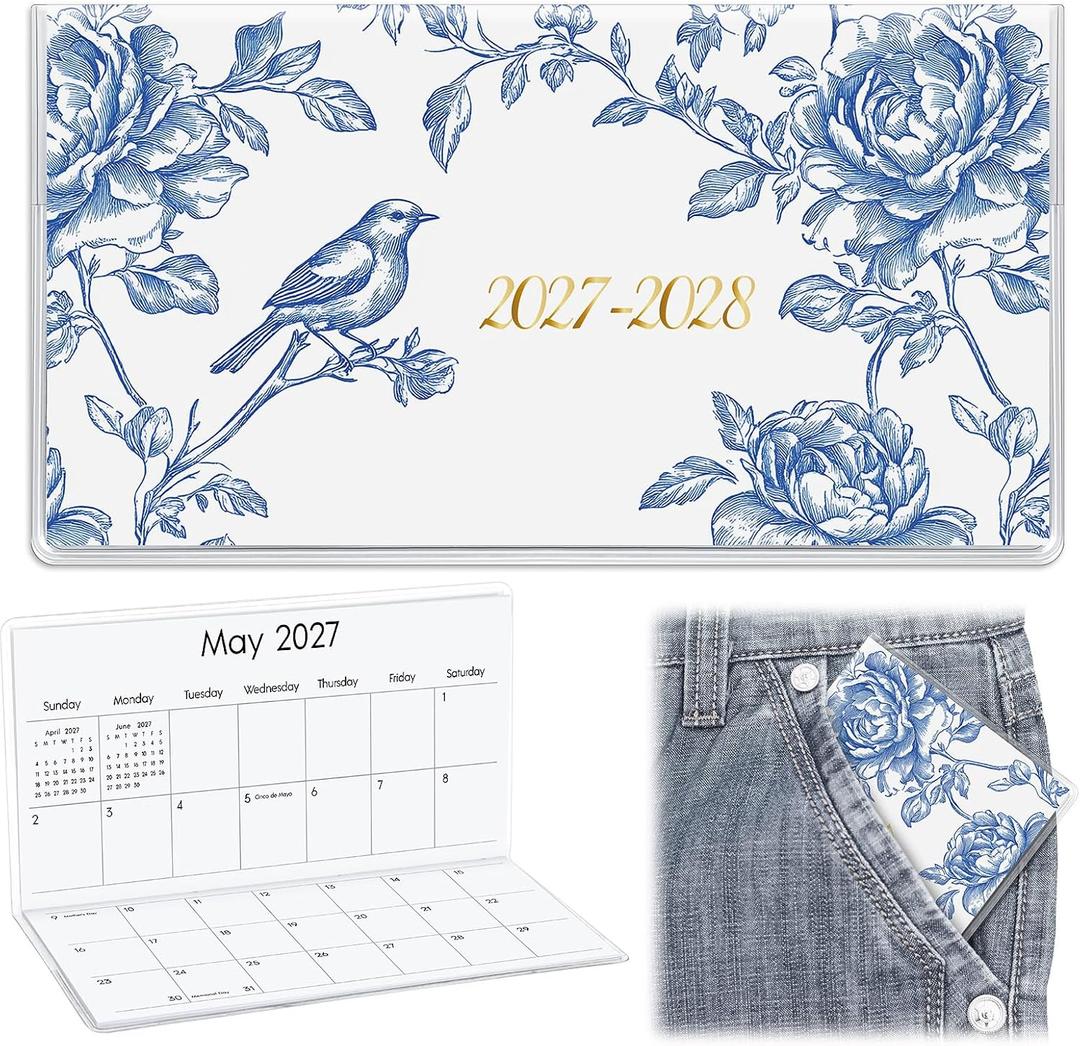 ReliThick 7" x 6.5" 2026-2027 Pocket Calendar for Purse Small Monthly Planner Notebook PVC Cover Pocket Calendar Notepads Appreciation Present Gift for Women Mom Friend Teacher(Blue and White Floral)