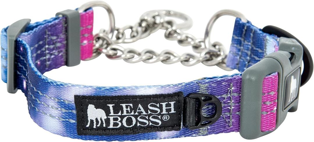 Leash Boss Martingale Collar for Dogs - Steel Chain | Reflective Nylon Dog Collar for Large Dogs, Medium and Small Dogs | No Pull Pet Training Collar Small (Medium-Large (16-19" Neck x 1" Wide), Purple/Pink - Space)