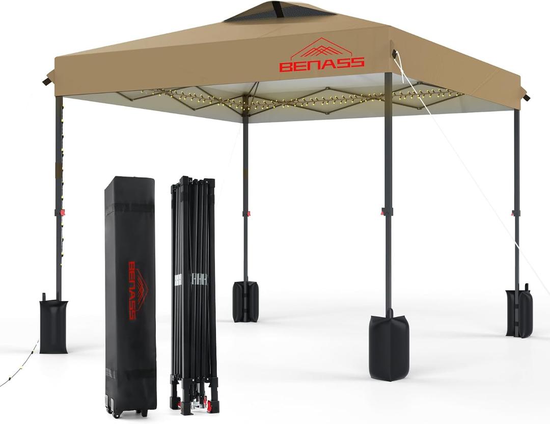 Benass 12x12 Pop Up Canopy, Easy Up Canopy Tent, Heavy Duty Tents for Parties, Easy Set Up Event Tent, Khaki