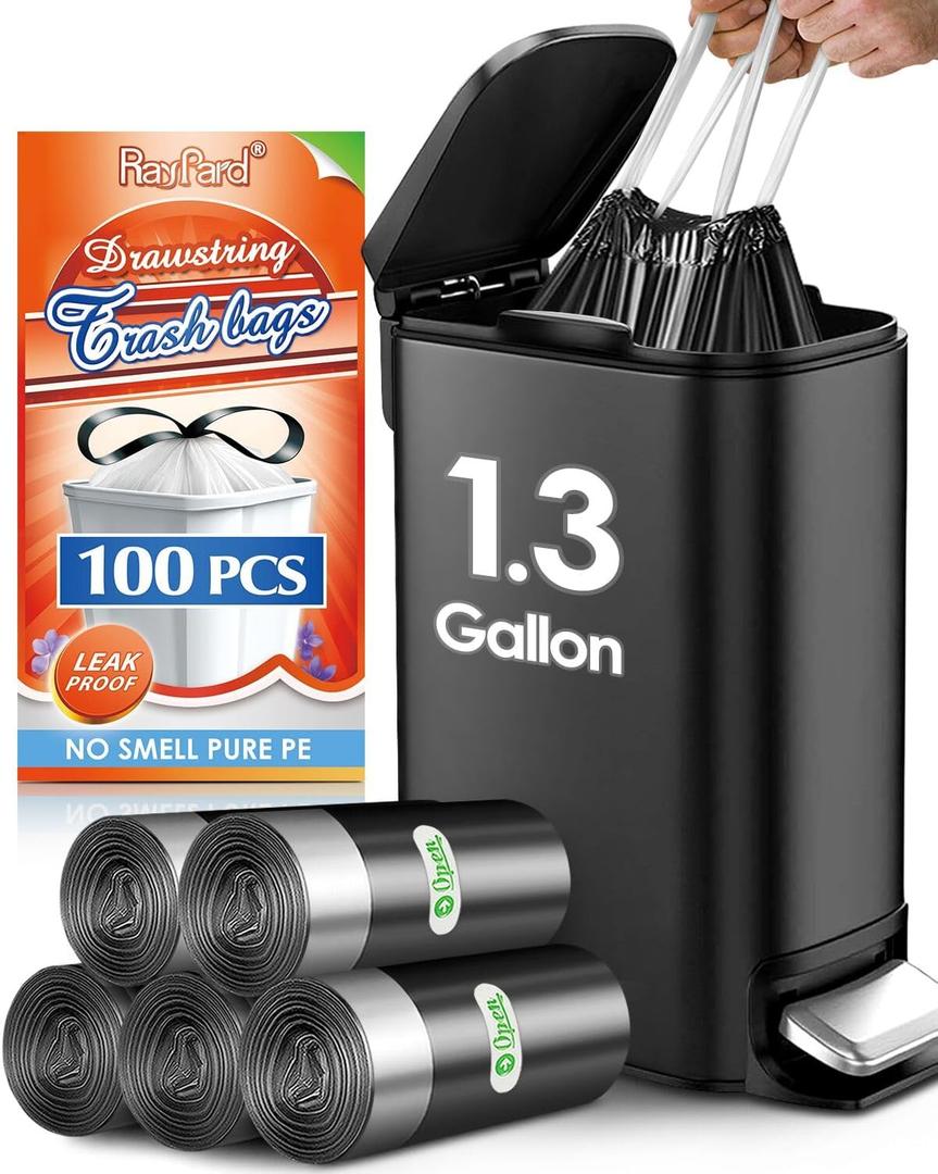 1.3 Gallon 100 Counts (fit 4-5Liter) Mini Drawstring Trash Bags Garbage Bags by RayPard, Small Plastic Trash Can Liner fit 1, 1.2-1.5 Gal Waste Basket for Home Office Kitchen Bathroom, Black