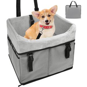 SZEE Dog Car Seat for Small Dogs Under 25 lbs, 4 3/4" Booster Pet Car Carrier for Small Pets, Portable & Foldable, with Storage Pockets, Metal Safety Leash, and Tight Front Buckle (Gray)