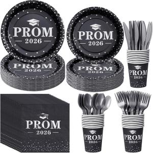 Graduation Party Supplies Plates and Napkins Serve 25,Prom Send off 2026 Disposable Paper Plates and Napkins Set Cups Knives Spoon for Class of 2026 Graduation Party Decorations Black and Silver