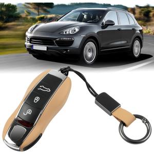 Jaronx Compatible with Porsche Key Fob Cover,Leather Key Cover Compatible with Porsche Cayenne Panamera Macan Cayman 911 KeyFob KeyShell Accessories(A Model-Beige)
