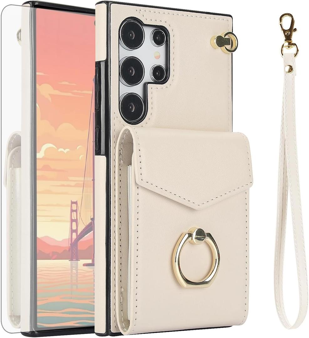 Asuwish Phone Case for Samsung Galaxy S25 Ultra 5G Wallet Cover with Tempered Glass Screen Protector and RFID Blocking Ring Stand Credit Card Holder Cell S25Ultra 25S S 25 25Ultra Women Men Off White