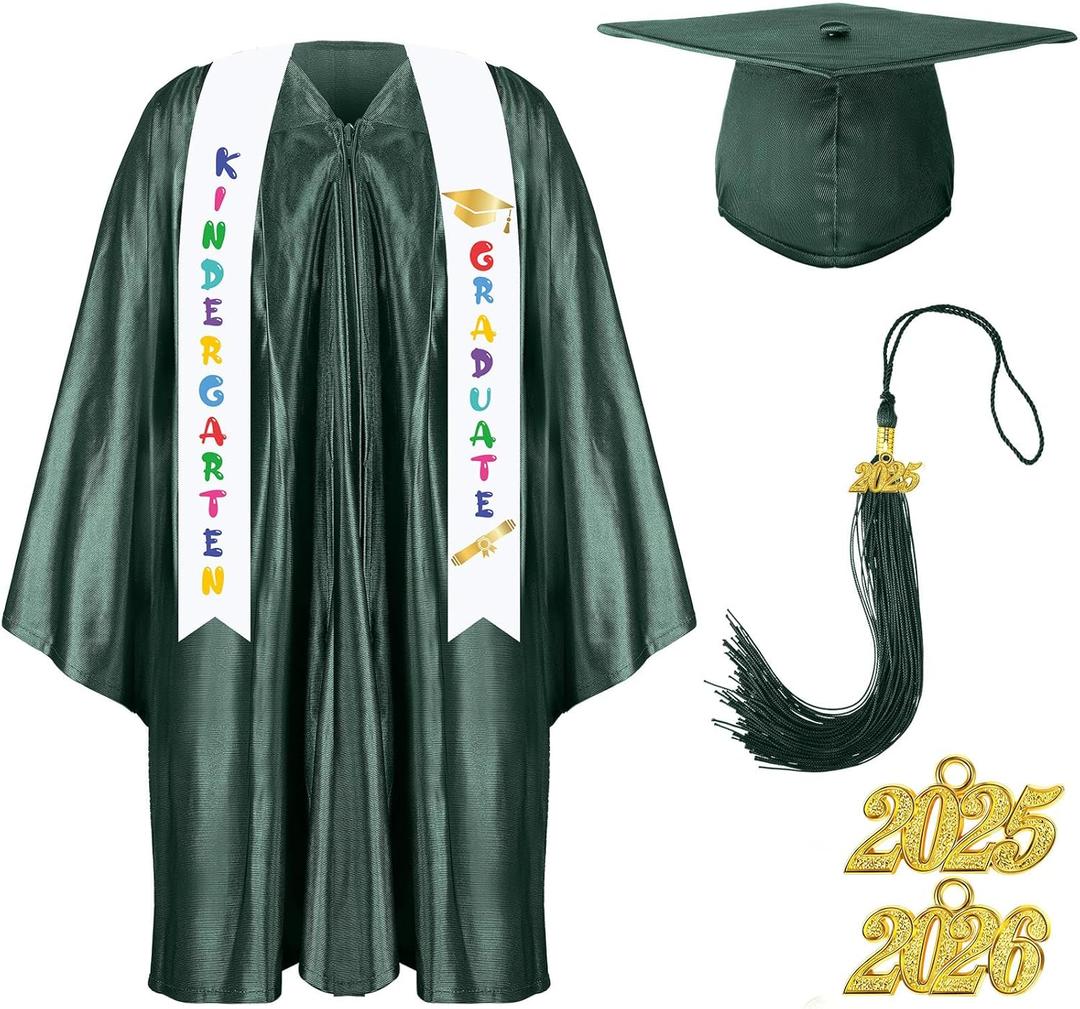 Foaincore 2025 Year Preschool and Kindergarten Graduation Gown Cap Tassel Set with 2025 Charm Printed Stole Grad Gift (30, Dark Green)