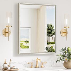 Keonjinn 24 x 30 Inch Brushed Nickel Bathroom Mirrors for Over Sink, Beveled Rectangle Framed Mirrors for Wall, Farmhouse Bathroom Vanity Mirror, Tempered Glass, Square Corner