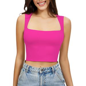 Artdear Women's Square Neck Tank Top - Double Lined Sleeveless Short Crop Tops Air Touch Fabric (Hot Pink) S