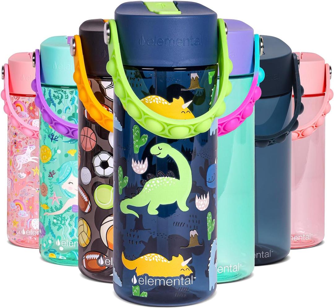 Elemental Water Bottles for Kids - Splash Kids Water Bottle for School with Pop-it Handle - BPA Free Tritan Plastic Water Bottle with Straw Leak Proof when Spout is Closed - Dinosaur- 18oz
