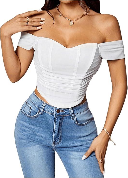 SHENHE Women's Off The Shoulder Corset Top Short Sleeve Zip Up Asymmetrical Mesh Bustier Crop Top White Large
