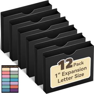 ANSOOK Letter Size File Jackets & File Pockets,Heavy Duty 1" Expansion Manila File Folder for File Cabniet,12 Pack Manila File Jackets with Straight Cut Tab,Job Folder File Jackets (Black)