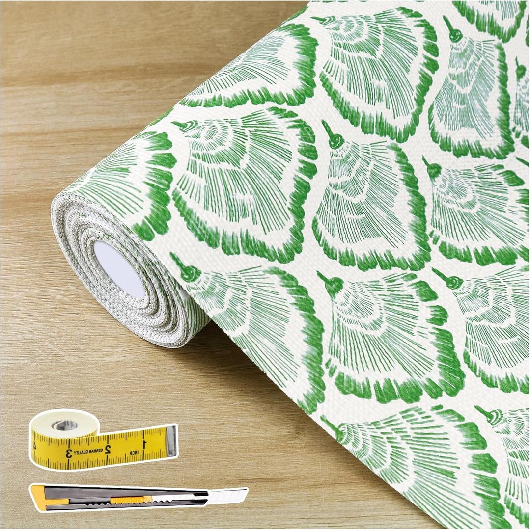 Shelf and Drawer Liner, 12in x 10FT Double Layer PVC Non-Adhesive Non-Slip Waterproof, Green Leaf for Kitchen Cabinets, Pantry, Bathroom, Dresser with Knife and Tape Measure