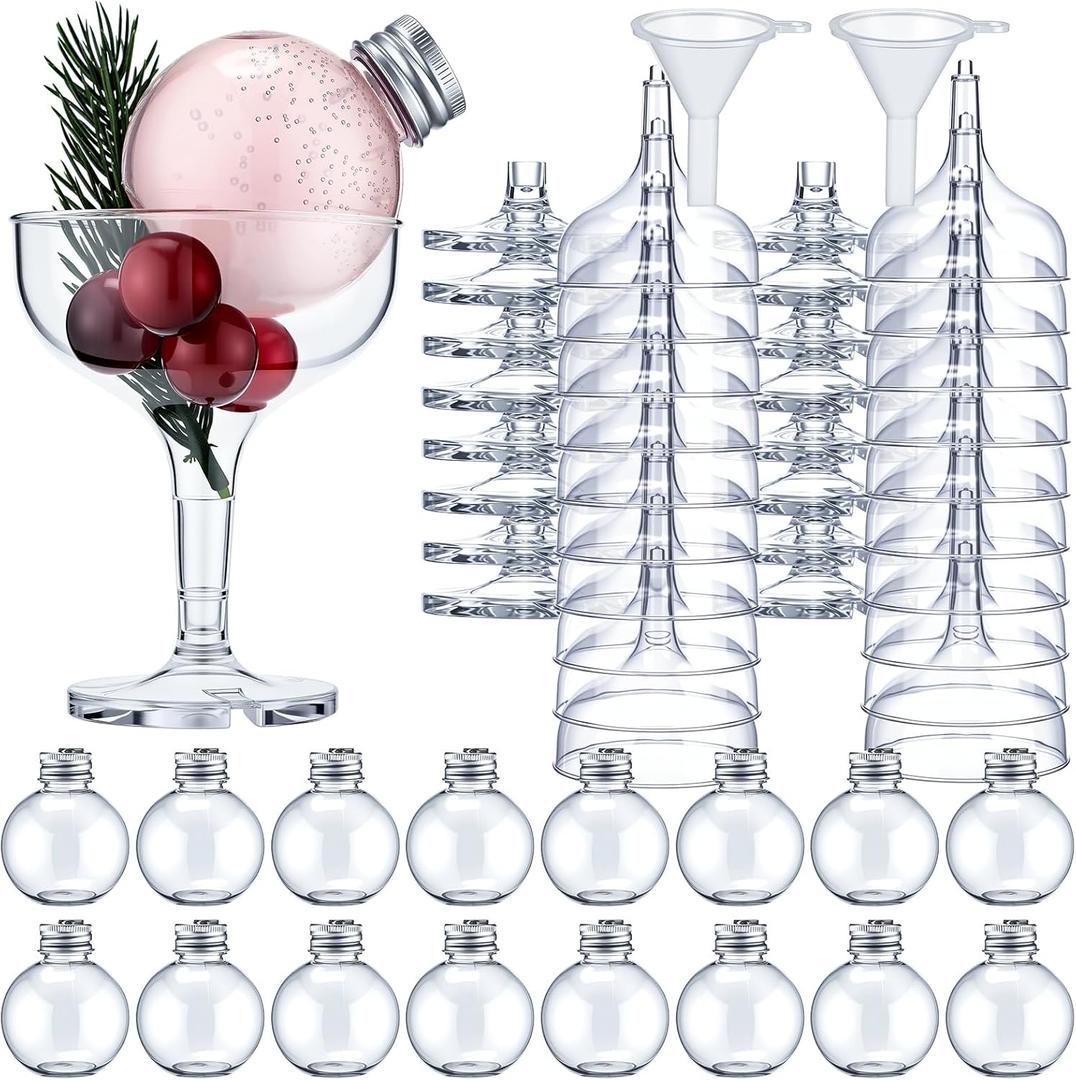 Acellegic 16 Set Christmas Booze Balls Refillable Drink Balls with Champagne Glasses Set - Christmas Tree Hanging Ornaments DIY Clear Round Plastic Fillable Bulbs for Xmas Holiday Party