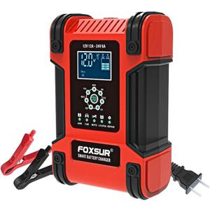 FOXSUR 12V 24V 12A Smart Battery Charger for Cars & Trucks - Fully Automatic 7-Stage Charging, LCD Display, Trickle Charger & Maintainer, Safe for AGM, Gel, Lead-Acid, Calcium Batteries