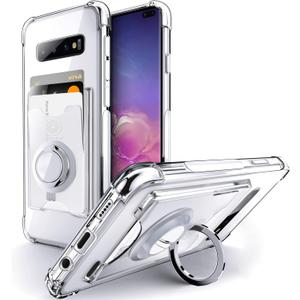 Shields Up for Samsung Galaxy S10 Case, Galaxy S10 Case, Minimalist Wallet Case with Card Holder [3 Cards] & Ring Kickstand/Stand, [Drop Protection] Slim Protective Cover for Samsung S10 - Clear