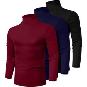 Ficerd 3 Pack Men's Turtleneck Shirts, Long Sleeve Cotton Pullover Sweaters Mock Neck Knitted T-Shirt Basic Slim Fit Tops (L)