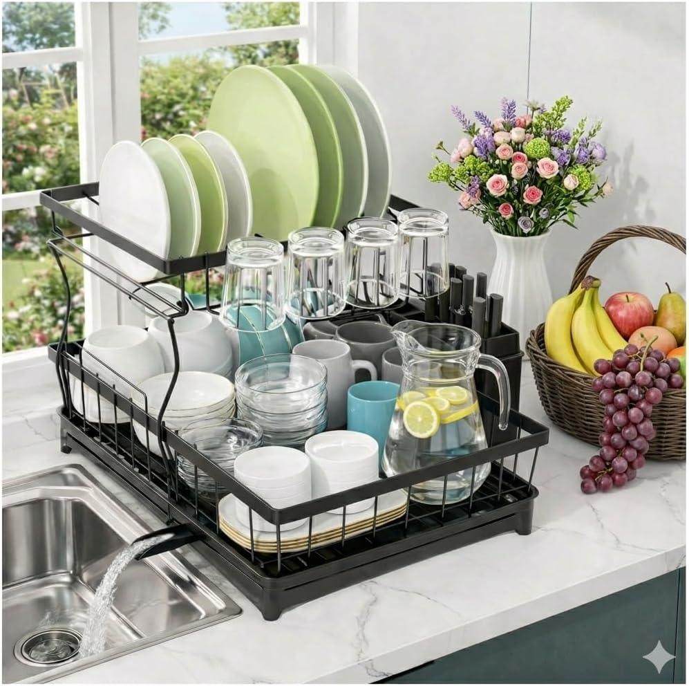 CEASIN 2 Tier Dish Drying Rack, Premium Alloy Steel Dish Drainer for Kitchen Counter, Drainboard & Cup Holder, Anti-Rust & Space Saving, Utensil Holder, Black Dish Drying Rack, 44.5x31.8x11.7