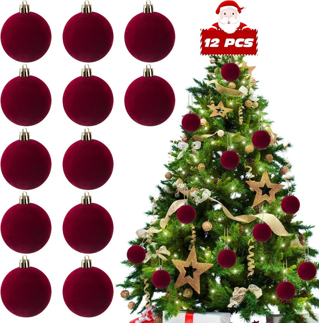 12 PCS Red Velvet Ornaments for Christmas Tree Decorations, Elegant Red Velvet Christmas Ornaments Balls, Shatterproof Xmas Decorative Hanging Ornaments(2.36 Inch)