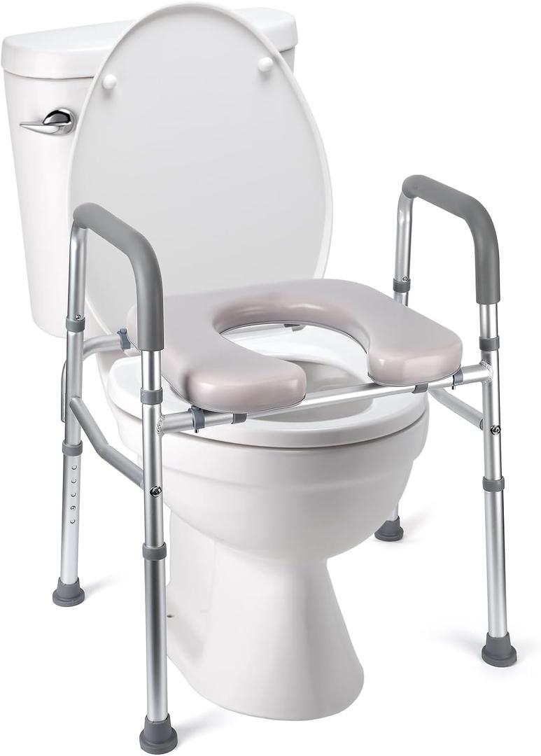 Raised Toilet Seat, 350LB Stand Alone Homecare Commode Bathroom Assist Frame for Elderly, Handicapped, Disabled, Adjustable Height, Padded Seat