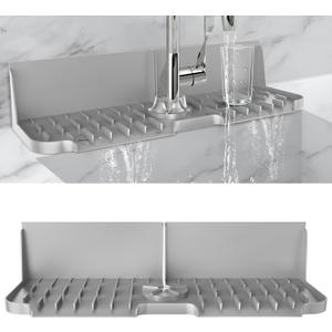 17 x 5.5 Silicone Faucet Handle Drip Catcher Tray Mat, Silicone Faucet Mat Dish Soap Sponge Holder for Kitchen Sink, Drying Mat for Kitchen Counter Bathroom Kitchen Sink Splash Guard - Grey
