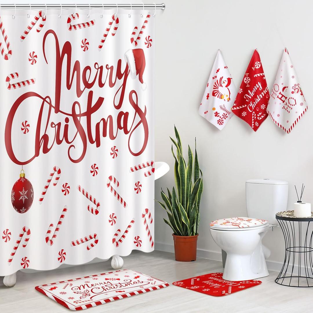 Newwiee 7 Pcs Christmas Bathroom Set Xmas Shower Curtain Decor Shower Curtain Non Slip Rugs and Kitchen Towels 3 Bathroom Decor Accessories for Christmas Holiday(Candy)