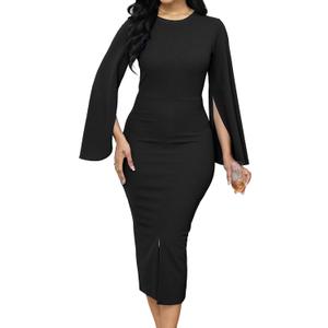 Women Church Dresses Bodycon Work Dress Bell Long Sleeve Round Neck Business Pencil Dresses (XX-Large)