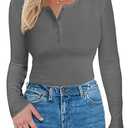 Long Sleeve Shirts for Women, Casual Solid Henley Tops Button Down Shirts, V Neck Blouses Basic Ribbed Knit Shirts for Party (Large, Blue)