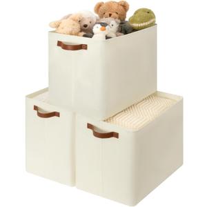 GRANNY SAYS Large Storage Baskets, Closet Storage Bins, Linen Closet organizers and storage, Fabric Storage Bins with Metal Frame, Clothes Baskets for Shelves, Towels, Beige, 3-Pack