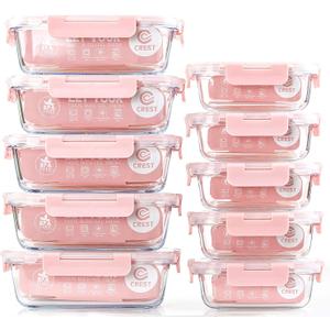 C CREST [10 Pack] Glass Meal Prep Containers, Food Storage Containers with Lids Airtight, Glass Lunch Boxes, Microwave, Oven, Freezer and Dishwasher Safe (Pink)