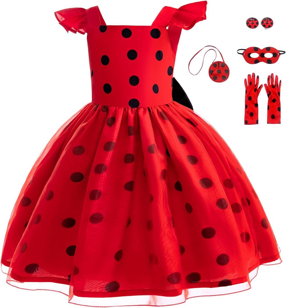 Sgehen Girls Ladybug Costume Dress Halloween Birthday Christmas Party Cosplay Outfit 3-10 Years (5-6 Years, Red)