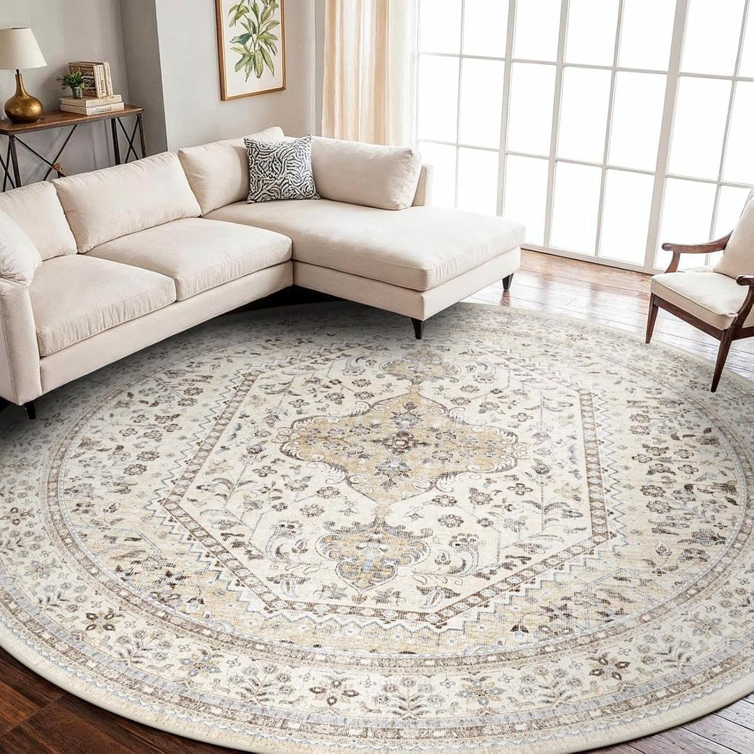 Puino 9FT Round Area Rugs for Living Room: Circle Rugs Machine Washable Oriental Low Pile Soft Non Slip Backing Vintage Indoor Rug for Bedroom Nursery Dining Room Home Office Beige/Gray