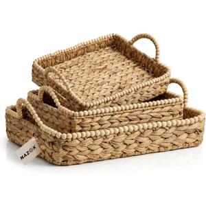 Handwoven Water Hyacinth Wicker Basket Set of 3 - Storage Baskets with Handles & Scalloped Edge for Living Room, Nursery Organization, Laundry & Pantry Wicker Baskets Use