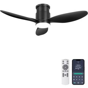 Ohniyou 42'' Flush Mount Ceiling Fan with Lights, Remote/App Control, 3 Colors & Dimmable, Quiet DC Motor Indoor Ceiling Fan for Bedroom Kitchen, Black