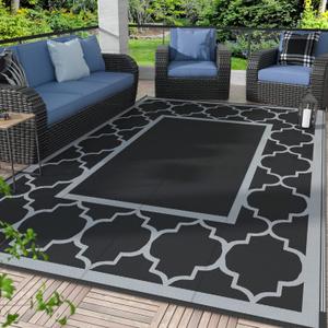 GENIMO 8' x 10' Outdoor Rug Patio Waterproof, Reversible Plastic Straw Area Rugs Mat for Camper Decor, Outside Carpet for Camping, Rv, Deck, Porch, Picnic, Beach, Balcony, Black & Grey (Lantern/Black&gray)