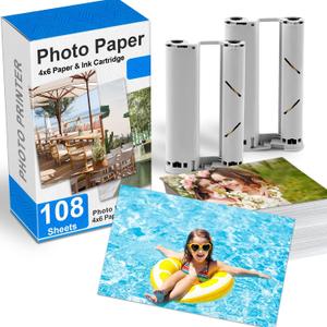 4"X 6" Photo Paper Refill Pack 108 Sheets and 2 Ribbons Cartridges, Compatible with Sprocket Studio Plus printer, 4x6 Paper Compatible for YP01 Photo Printer iOS & Android, Sticker Frames, Photo Album