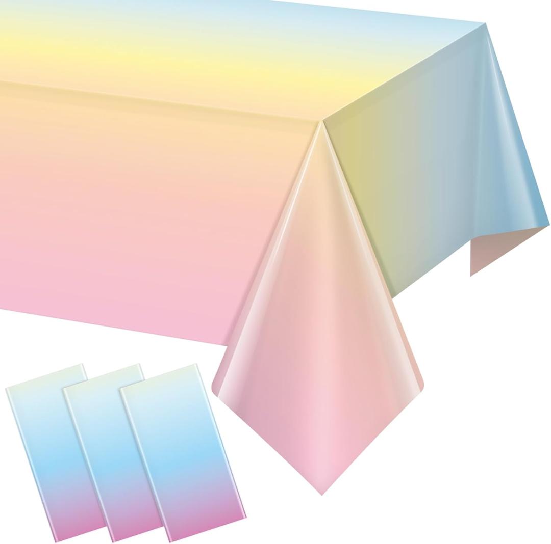 3 Pack Pastel Rainbow Plastic Tablecloth Party Decorations, Pastel Disposable Table Covers for Rectangle Tables, Rainbow Table Cloth for Easter Birthday Baby Shower Wedding Party Supplies, 54x108Inch
