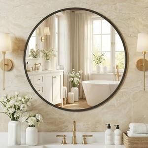 NEWBULIG 20 Inch Round Wall Mirror, Bathroom Mirrors for Over Sink | Metal Framed Circle Vanity Mirror, Wall Decor for Bedroom, Entryway, Anti-Rust, Tempered Glass, Hanging or Leaning, Black 