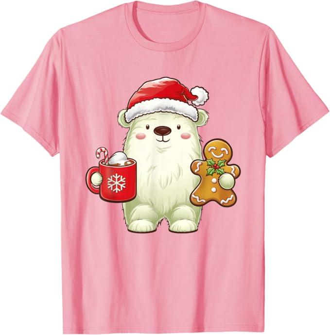 Polar Bear Santa Hat Christmas Holiday Xmas Coffee Cookies T-Shirt, Small