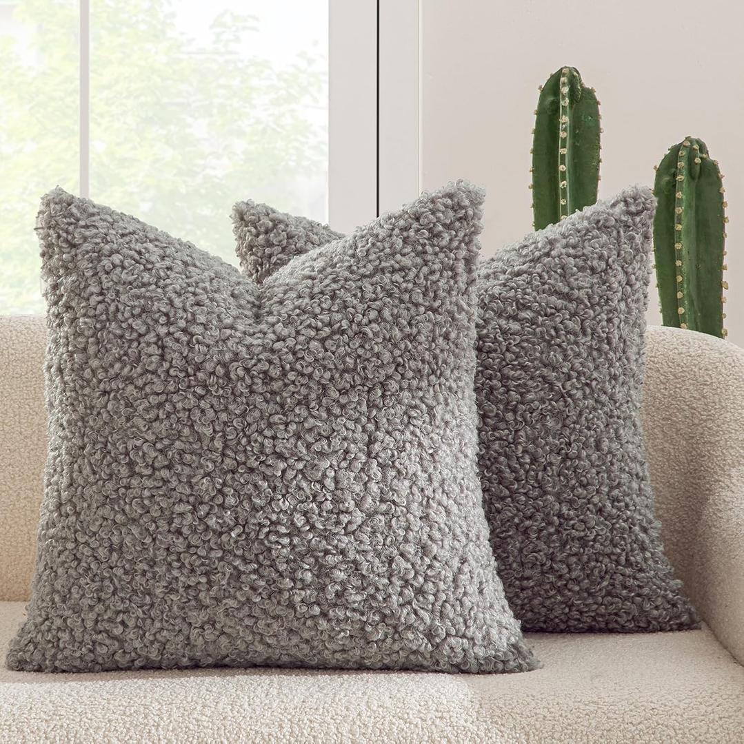 MIULEE Pack of 2 Throw Pillow Covers 18x18 Inch Neutral Gray Faux Fur Decorative Sherpa Pillow Covers Fuzzy Accent Soft Sheepskin Fleece Cushion Cases for Boho Home Decor Couch Living Room Bed