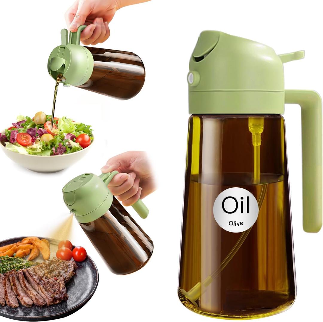 YARRAMATE 16oz/470ml Light Blocking Oil Sprayer for Cooking with Stickers, Food-Grade 2 in 1 Olive Oil Dispenser Bottle for Kitchen, Premium Dark Amber Glass Oil Bottle for Air Fryer, BBQ(Green)