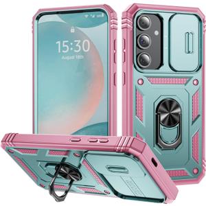 for Samsung Galaxy S24 FE Case with All-Angle Rotating Kickstand & Sliding Camera Cover - Heavy Duty Shockproof Protective Cover, Green Pink