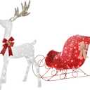 Lighted Christmas Decorations Reindeer & Sleigh 2 Pcs, HOYECHI Light up Christmas Decor Deer Set for Indoor Home Outdoor Front Yard Porch with LED Lights, Plug, Ground Stakes - White