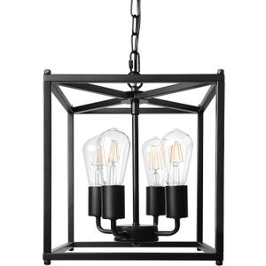 Unicozin 4-Light Black Farmhouse Chandelier, Iron Lantern Pendant Light Rustic Cage Adjustable Height, E26 Base Industrial Hanging Lights for Kitchen Island Dining Room Hallway Foyer Entryway