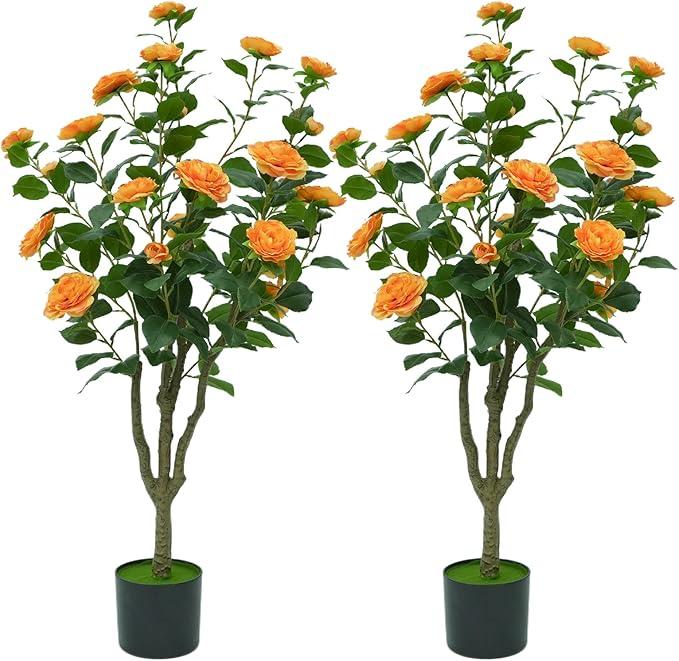 2PCS 4FT Artificial Camellia Tree, Orange Realistic Faux Camellia Plant, for Indoor Outdoor Home Office Porch Spring Decor