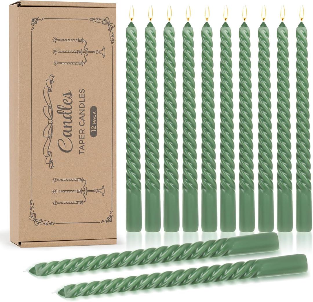 Tobeape 12 Pack Sage Green Taper Candles, 10 Inch Tall Unscented Dripless Candlesticks, 8 Hour Burning Smokeless Spiral Wax Tapered Candlesticks for Home Dcor Spring St. Patrick's Day Dinner Wedding