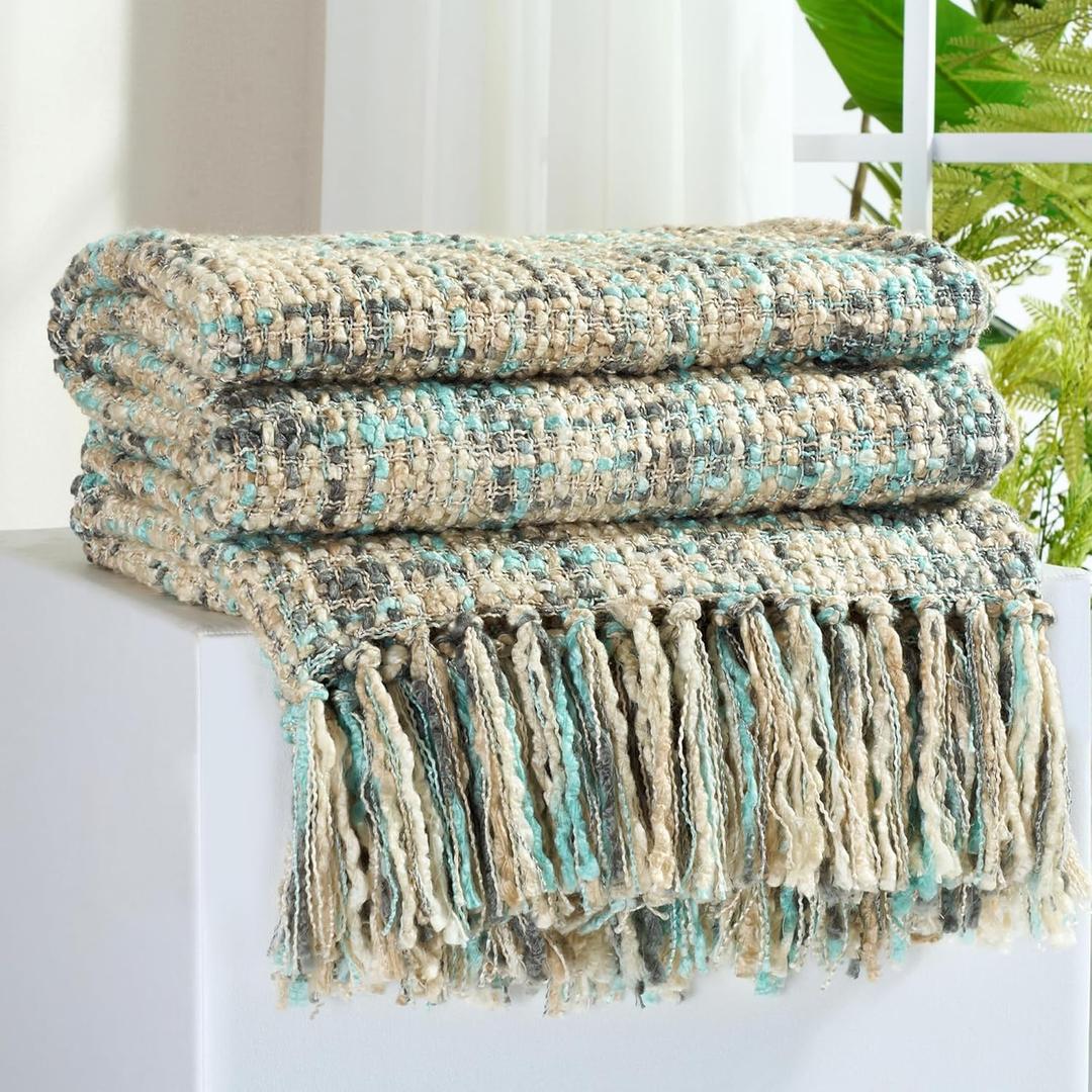 Multi-Color Blue Grey Cable Woven Throw Blanket for Couch,50"X60" Boho Style Textured Blankets for Home Decor,Super Soft Warm Cozy Chunky Blanket with Decorative Tassels for Bed