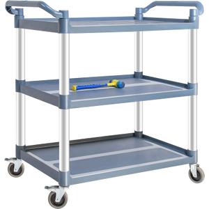 Plastic Utility Carts with Wheels, 3-Tier Medium Size Restaurant Food Cart, Heavy Duty 510lbs Capacity Rolling Service Cart w/Hammer for Commercial, Kitchen, Office (Lockable Wheels, M-Grey)