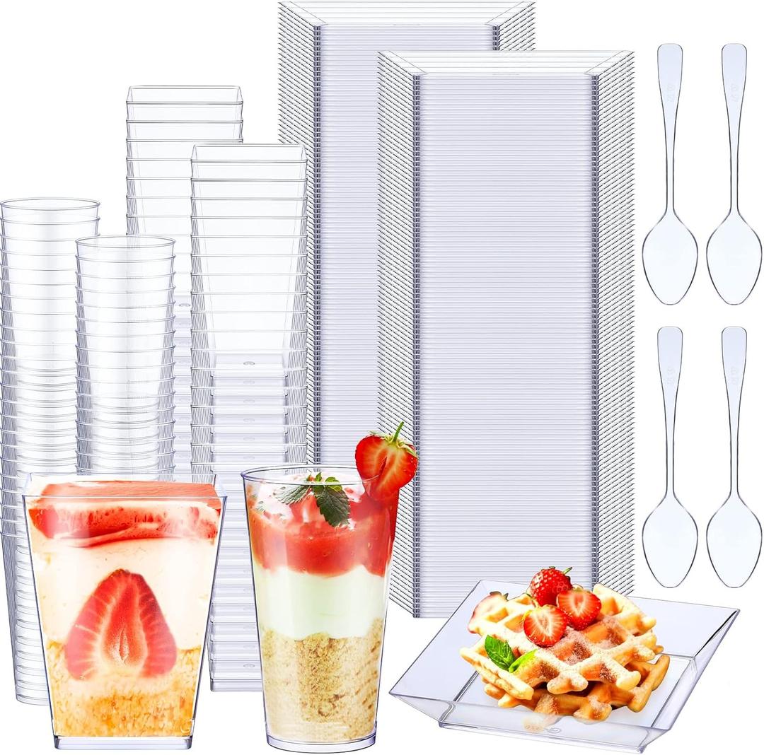 Nuogo 300 Pcs Mini Dessert Cups with Spoons 5.6 oz Square Plastic Dessert Cups 3 oz Round Shooter Containers 3.6 Inch Clear Plastic Plates Disposable Containers for Appetizers Parfait Pudding(Clear)