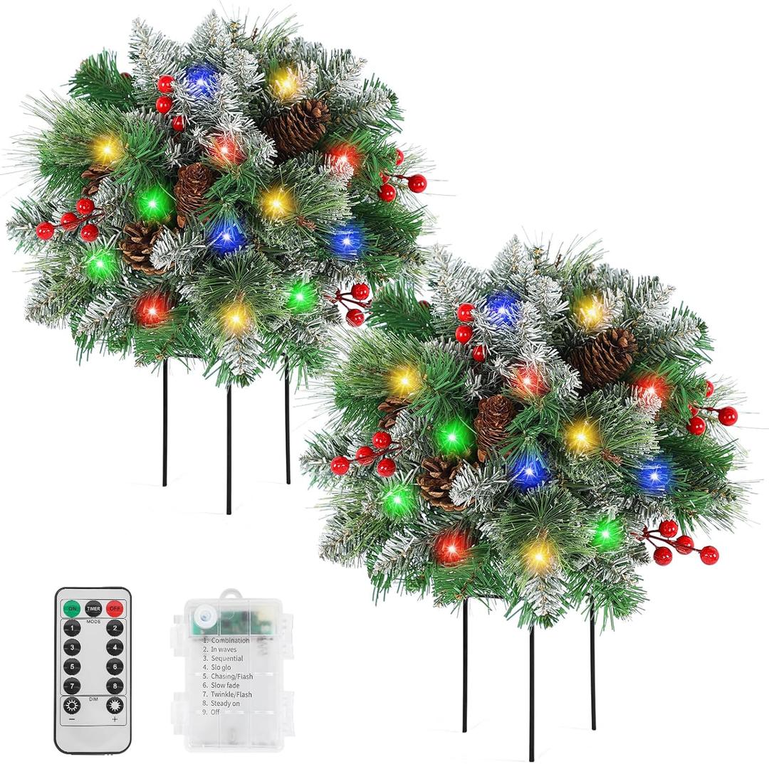 Lighted Artificial Christmas Urn Filler, 2 Pack Small Xmas Pine Tree Outdoor Decorations with Cones, Red Berries & 50 LED Lights, Light Up Planter Filler Decor for Porch Yard, Garden, Cemetery (Green & White)