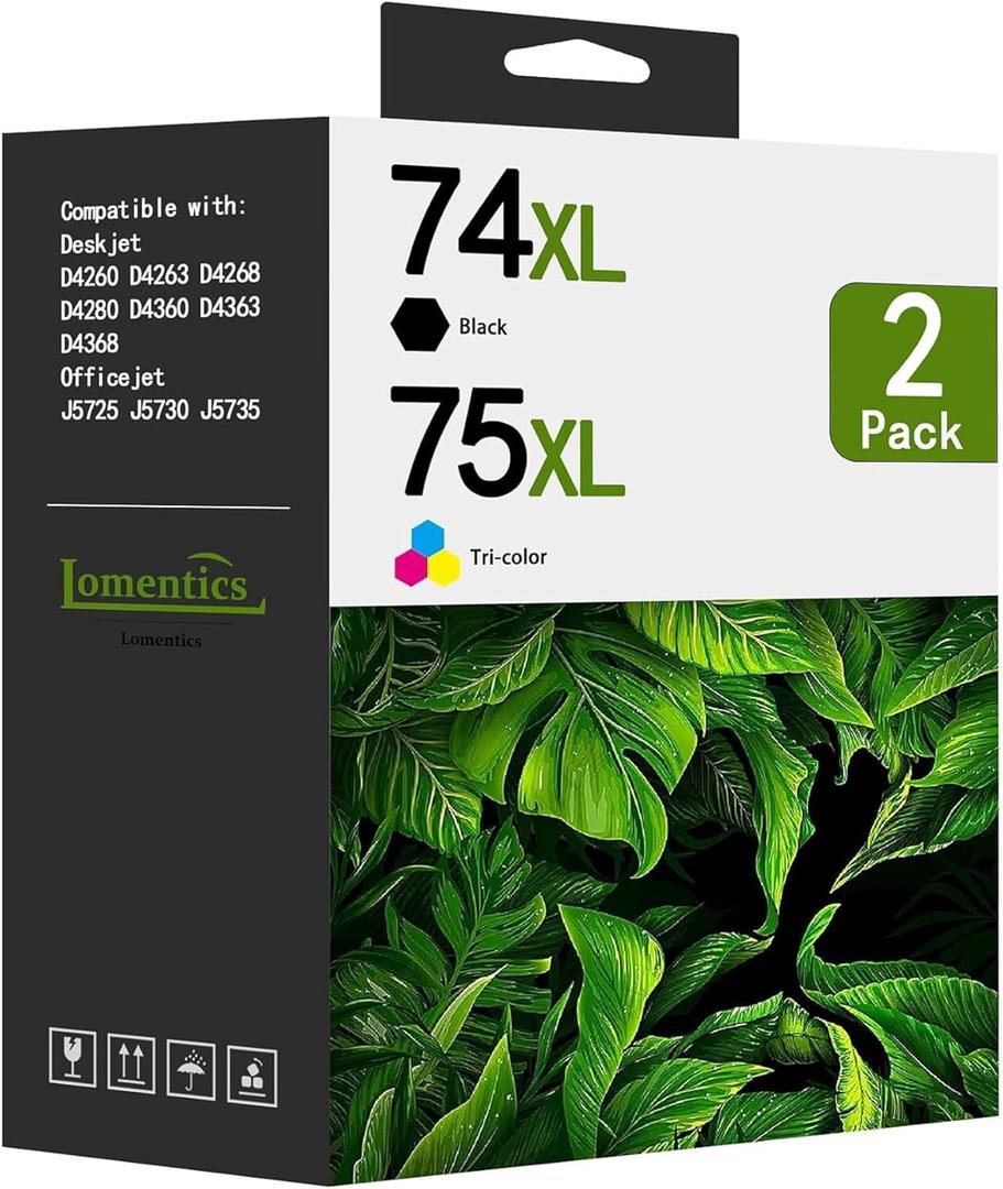 74XL 75XL HighYield Ink Cartridges (2Pack, Black/TriColor) Replacement for HP 74 75 Ink Cartridge Work for DeskJet D4260 OfficeJet J5725 J5790 J6405 J6488 Photosmart C4280 C4300 C4400 C4500 Printer