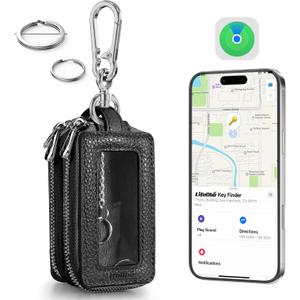 Universal Car Key Fob Key Finder Built-in Anti-Loss Tracker, Premium PU Leather Car Key fob Holder, Keychain Key Fob Cover with Double Layer, Transparent Window, Hook, More Key Rings (Black)
